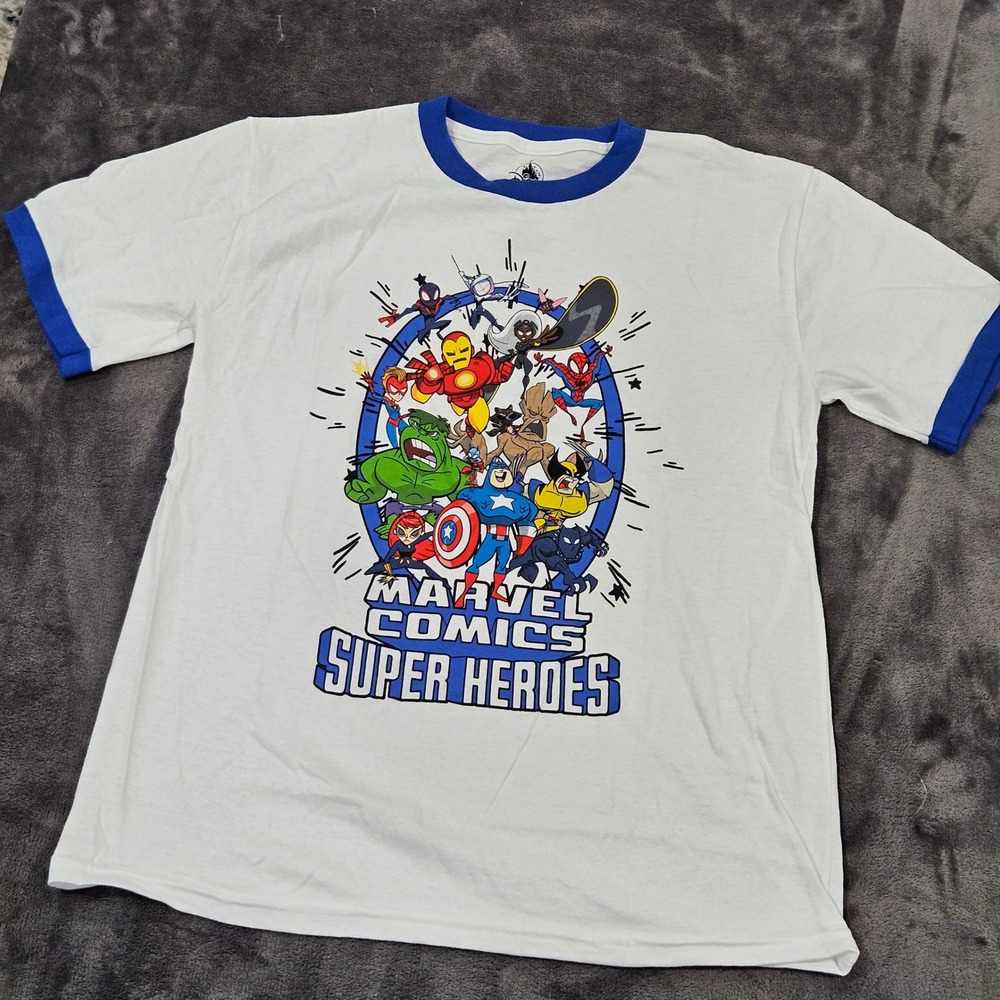 NWOT Marvel Comics‎ Super Heroes Graphic T-Shirt White Blue Ringer Youth Medium